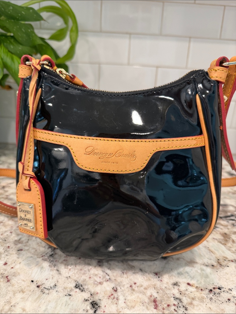 Dooney & Bourke Black Patent Crossbody with Tan Trim - Picture 11 of 15